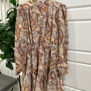 Aqua Long Sleeve Paisley Dress in Cream and Red